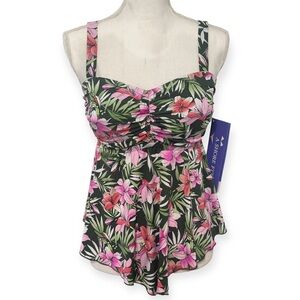 A Shore Fit D/E Cups Floral Lillies Novelty Print Tankini Swim Top NWT